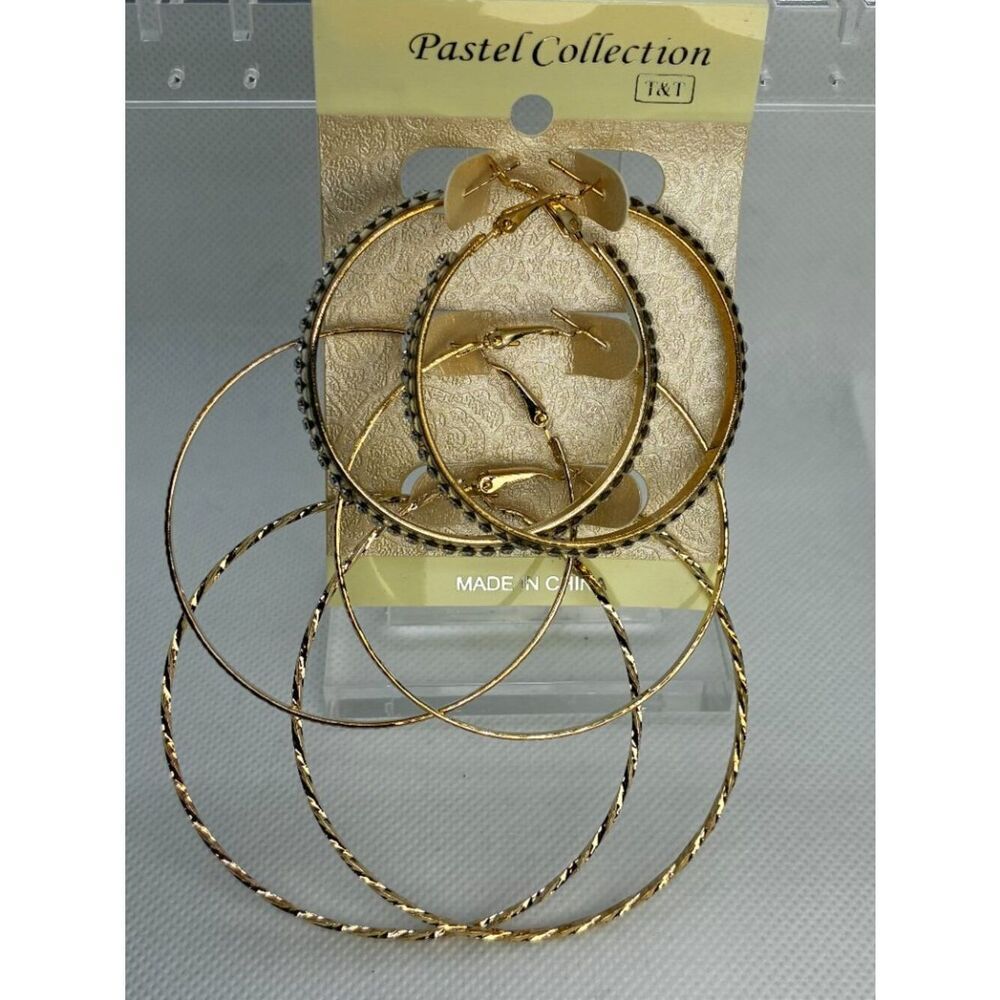 3For$20 Pastel Collection Gold Hoop Earring 3 pc. Thinestone Textured Mid-Large